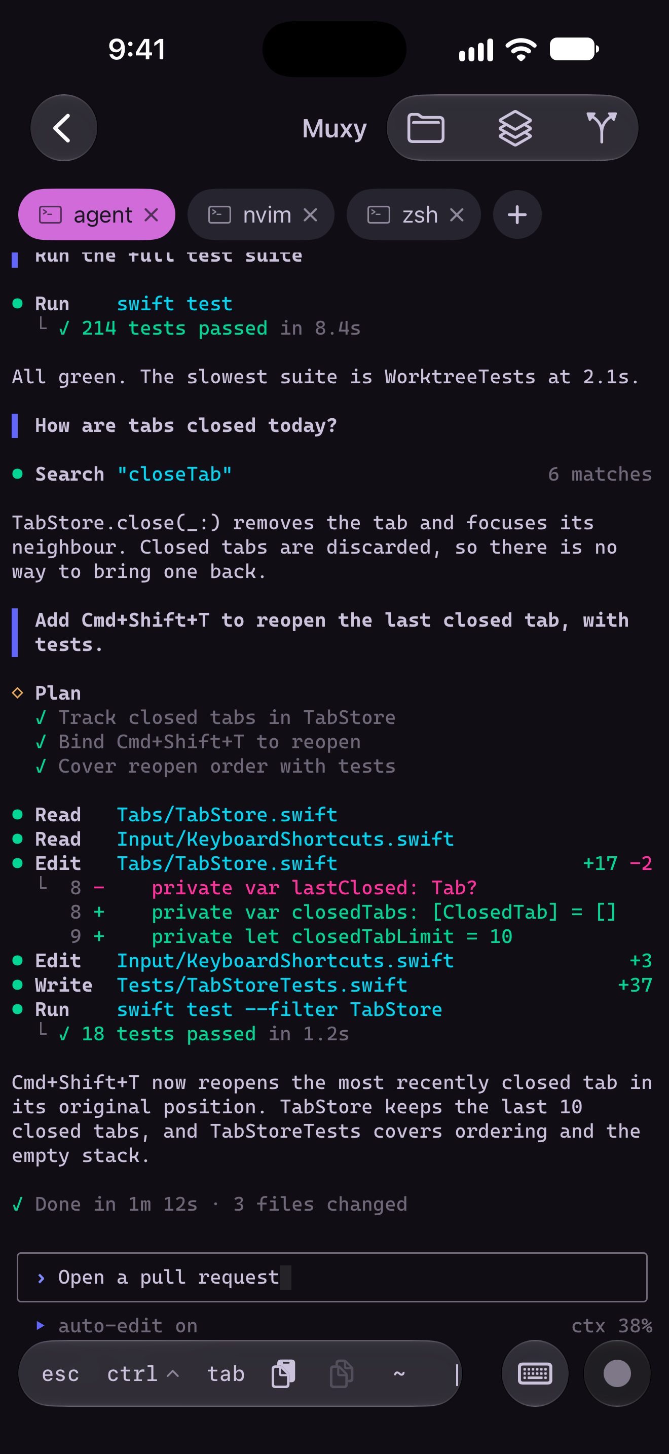 Muxy iOS app showing a coding agent working in a terminal