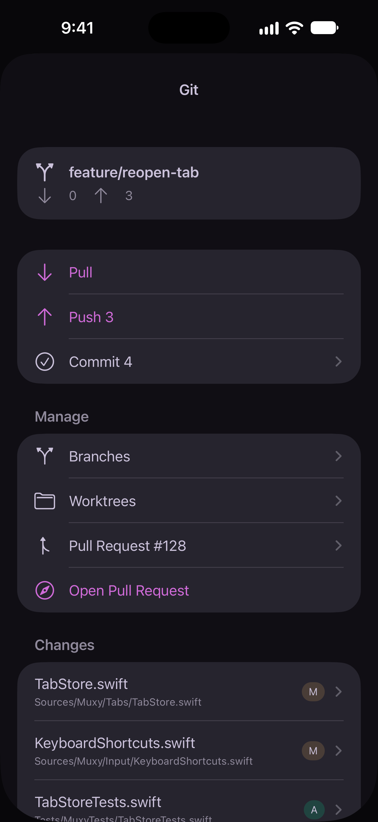 Muxy iOS app showing Git branches and changes