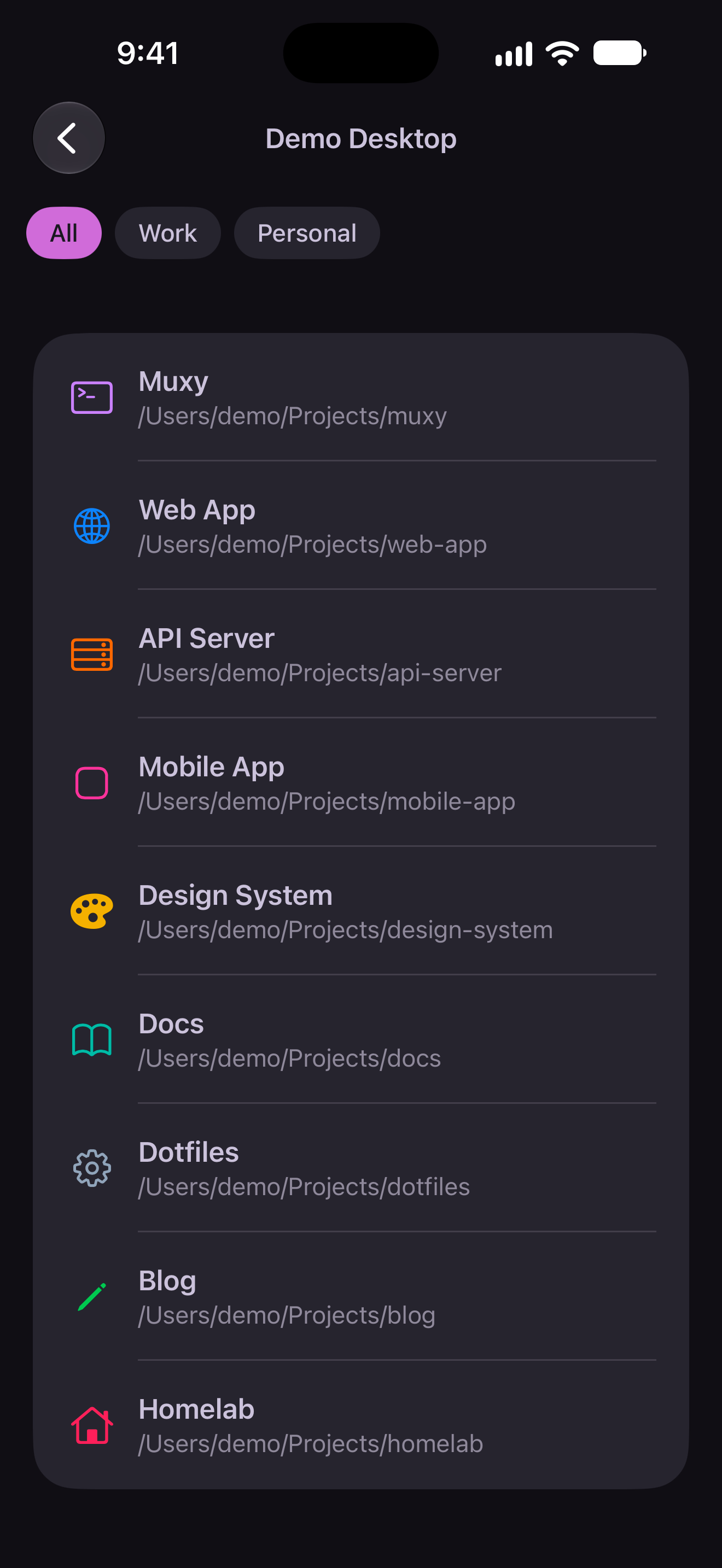 Muxy iOS app showing projects on a connected desktop